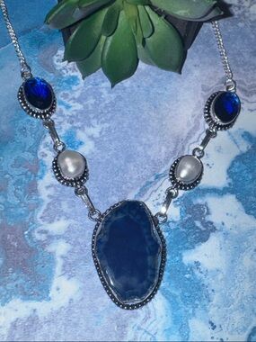 Blue Solar Quartz & Pearl Necklace